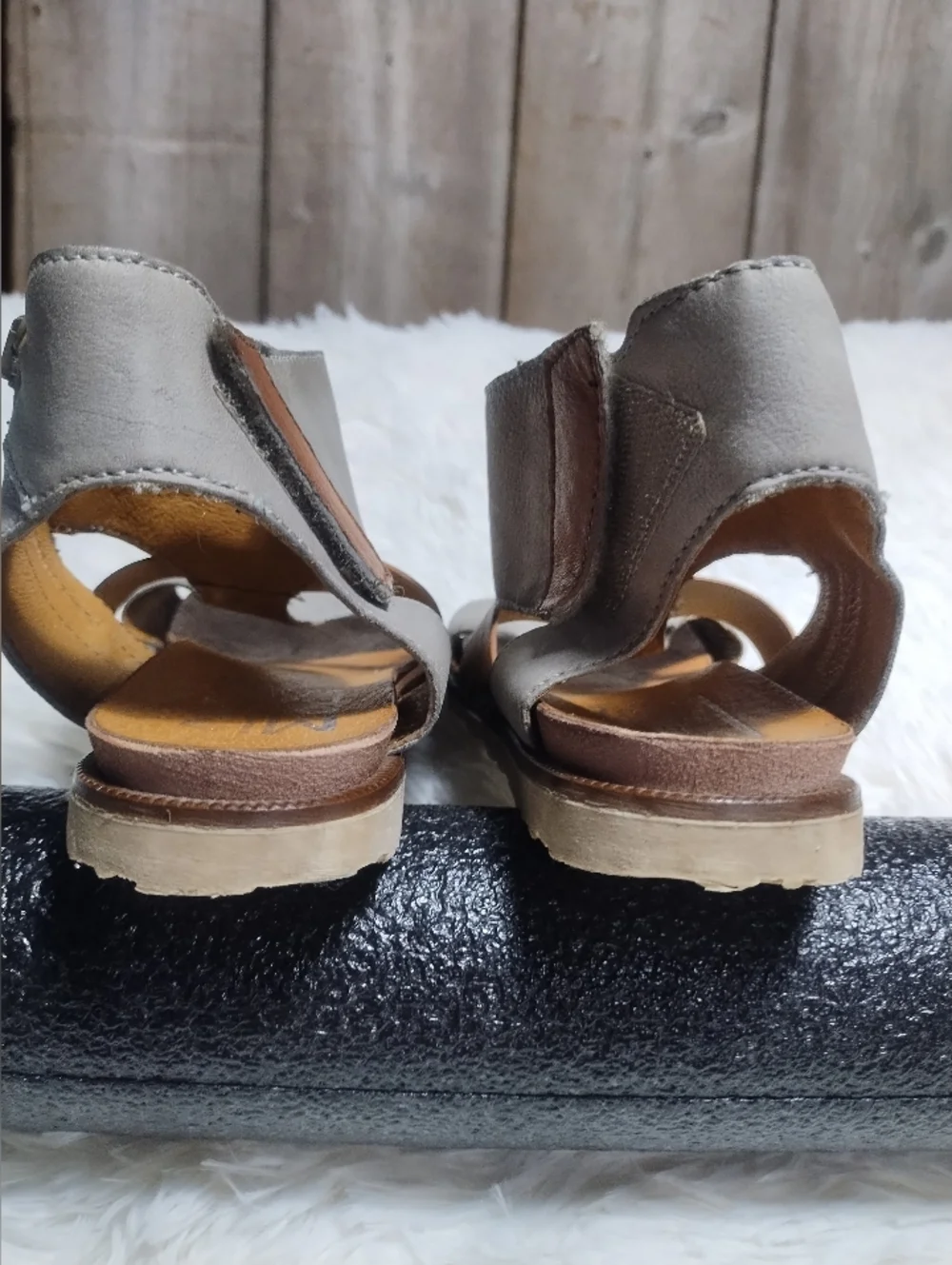 Miz Mooz Gray and Brown Leather Strappy Sandals